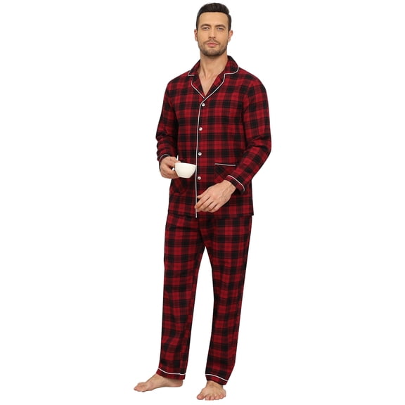 MoFiz Pjs Men's 100% Cotton Buffalo Plaid Pajama Sets Button Down Cozy Loungewear 2 Pieces