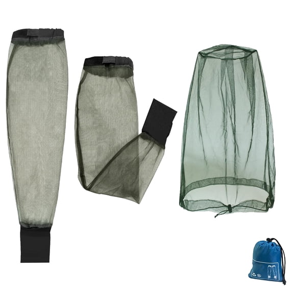 Mosquito Sleeves and Head Net Set, 3-Piece Fly & Bug Protection for Camping Hiking Fishing Gardening Safari, Adjustable Arm Netting Face Mesh for Adults, Includes Carry Bag (2 Sleeves 1 Head Net)