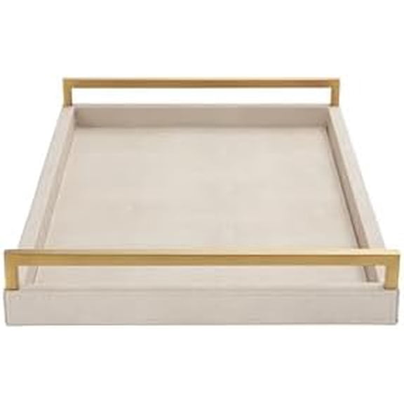 Ivory Shagreen Leather Serving Tray with Gold Handles-17.7x11.8 Inch Large Wooden Decorative Ottoman Tray fro Coffee Table, Kitchen, Dining, and Home Decor (Ivory)