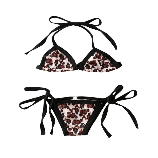 Baby Girls Leopard Bikini Sets Halter Bra Tops and Bandage Bottoms Bathing Suit