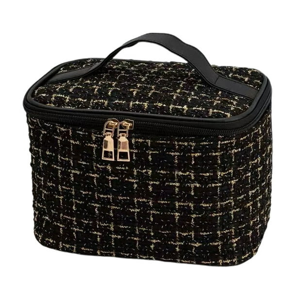 Bolsa de almacenamiento de cosméticos de gran capacidad, portátil, de viaje, de 21 x 14 x 14 cm, en blanco y negro