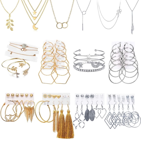 DIY.STORE 51 PCS Gold Silver Jewelry Set with 6 PCS Necklace,9 PCS Bracelet,36 PCS Layered Ball Dangle Hoop Stud Earrings for Women Jewelry Fashion and Valentine Birthday Party Gift