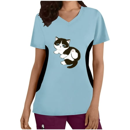 

JGGSPWM Women s Scrub Tops V Neck Short Sleeve Tees Graphic Plus Size Blouse Workwear Professionals T-shirts Medical Uniform Lovely Cat Print Light Blue XXL