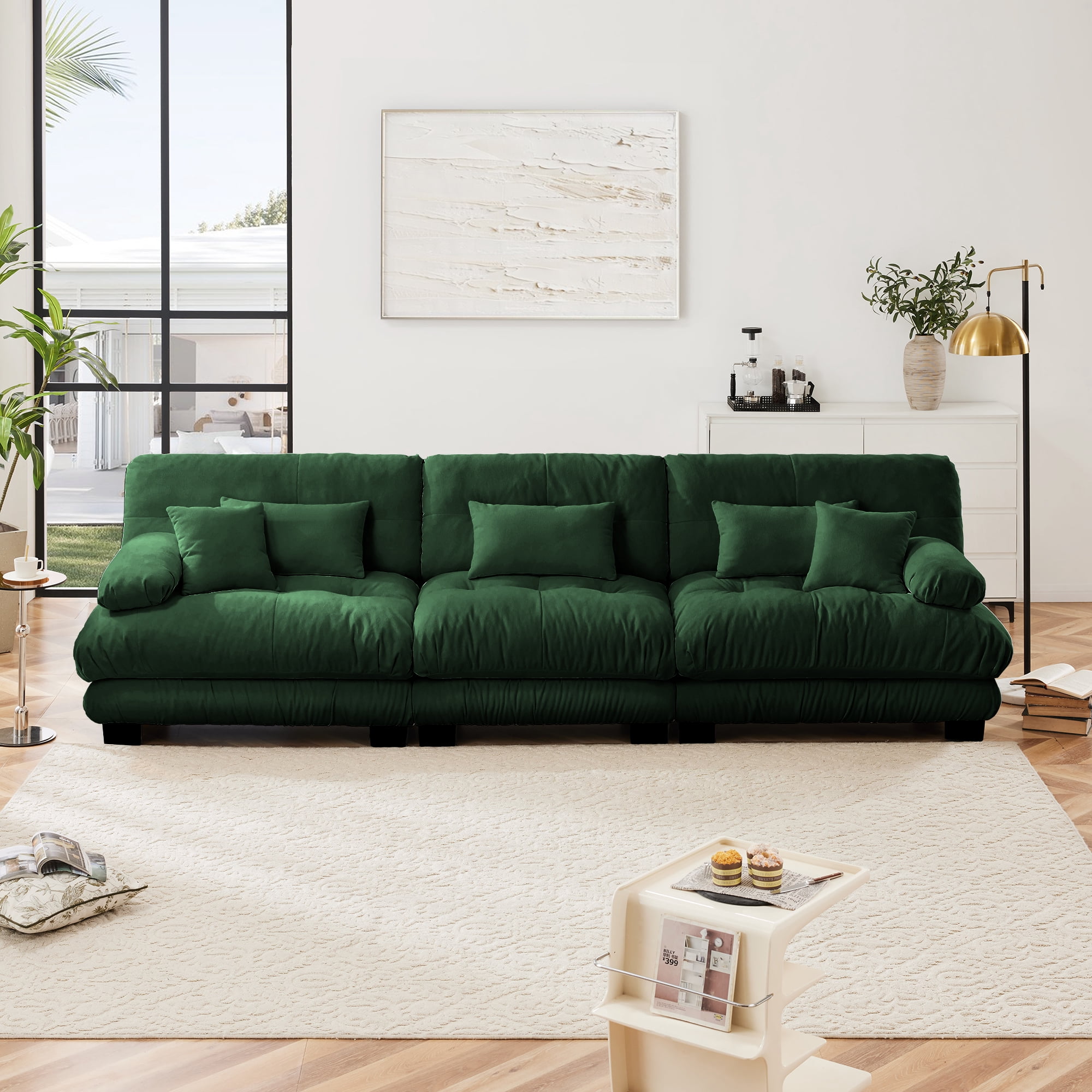 Gewnee 3-Seater 133.8" Modular Sectional Sofa, Deep Seat Chenille Cloud Couch with Lumbar Pillows & Throw Pillows, Upholstered Sofa for Living Room, Green