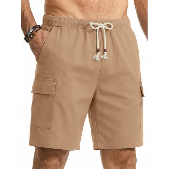 GENTS BLISS Cargo Men Linen Shorts Elastic Waist Drawstring Shorts for Men Summer Beach Shorts with Pockets