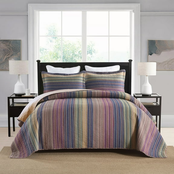 3 Piece 100% Cotton Striped Quilt Set Lightweight Bedspread Set CP324