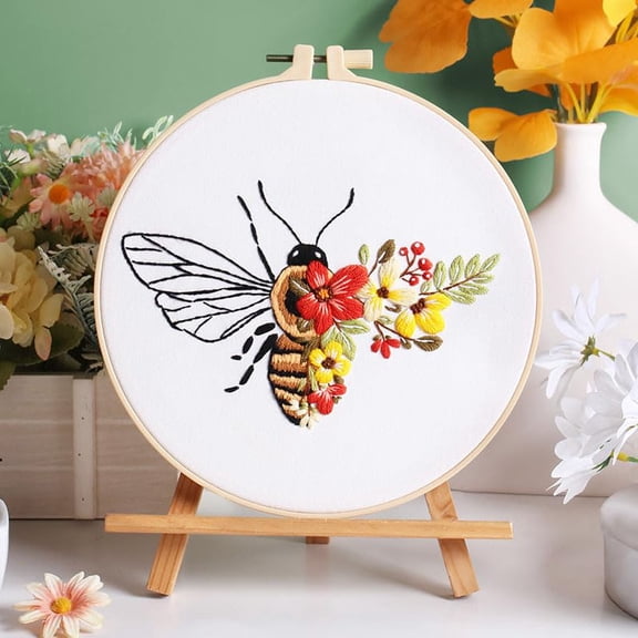 Embroidery Starter Kits with Flowers Bee Pattern and Instructions, Plastic Embroidery Hoops,Color Threads and Needles,Embroidery Kit for Home Decor(LE119)