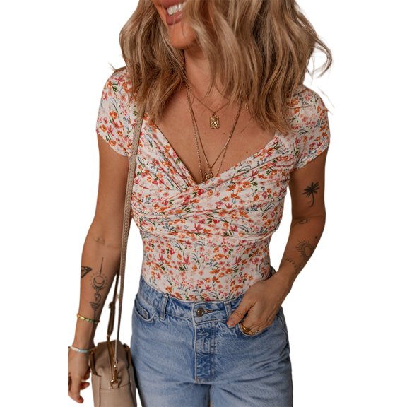 Women's Orange Short Sleeve Floral Ruched Sweetheart Bodysuit - Casual Summer Top - [ZhiHiMeRi] | (US 12-14)L