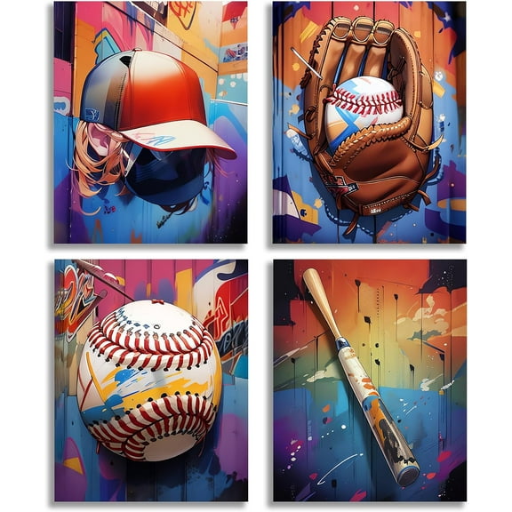 Baseball Graffiti Art Canvas Prints - Inspirational Sports Posters for Boys Room, Man Cave, Retro Cool Wall Decor - Set of 4 (8x10 inches, Unframed)