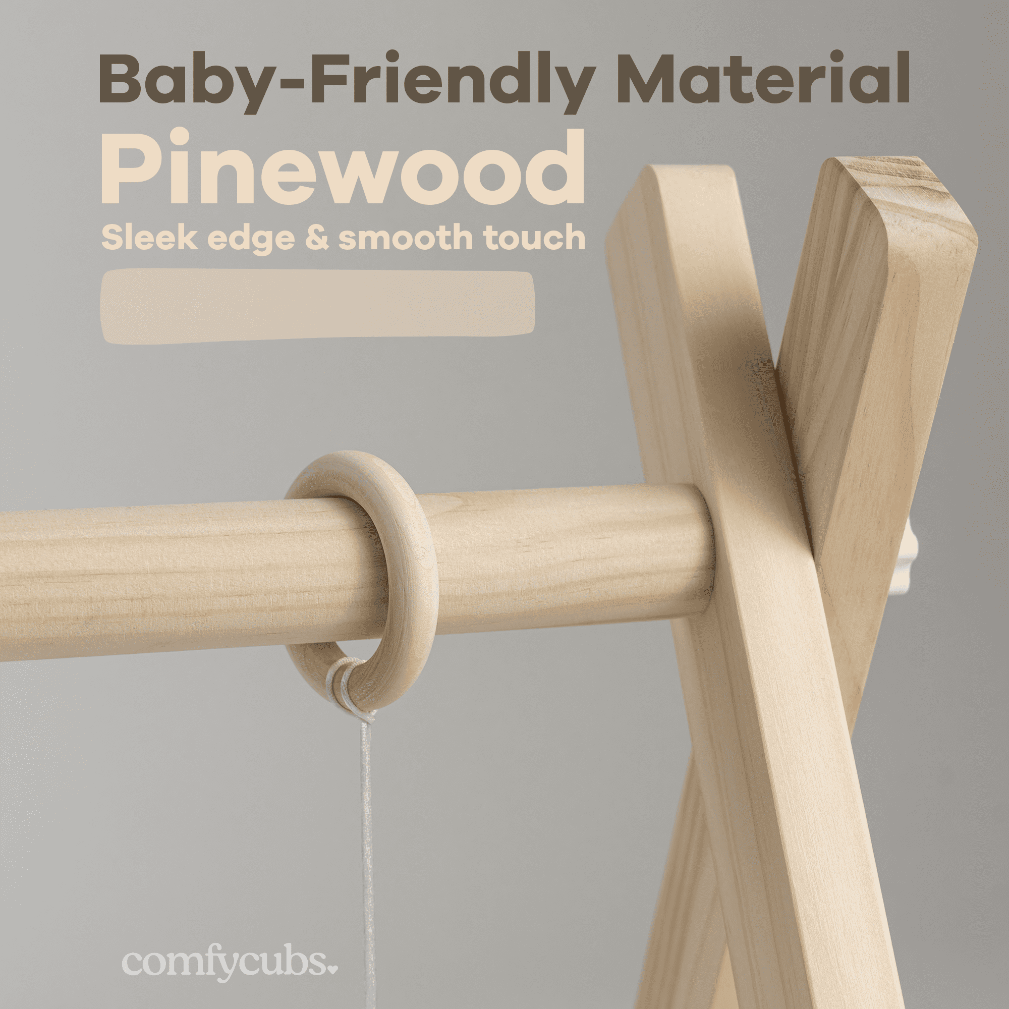 Comfy Cubs Baby Play Gym Set, Wooden Hanging Bar with Gym Toys, Foldable for Infants, Natural Wood