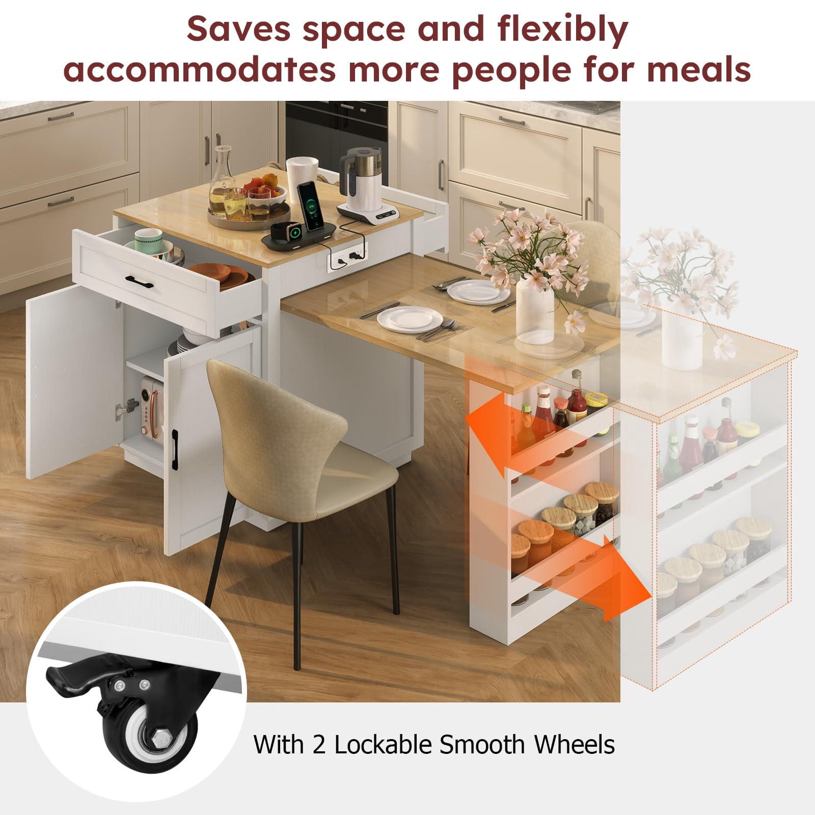 ZIVACATE 82.7"L Expandable Retractable Kitchen Island for 4-6 Person, Faux Marble Top Kitchen Island with Storage Built-in Power Outlet,White