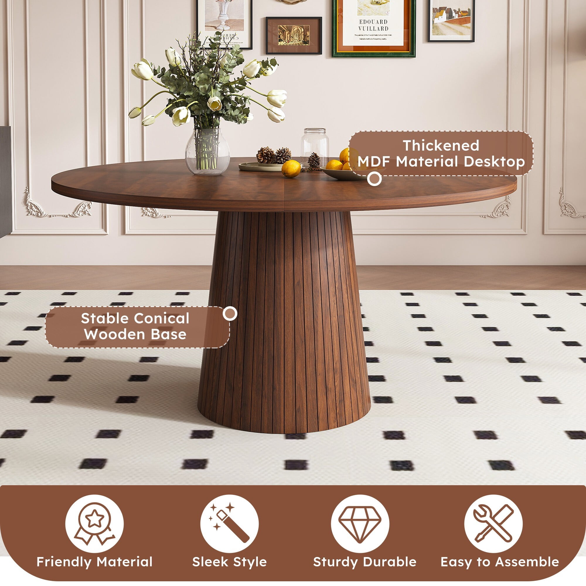 AENKYO 47" Round Dining Table for 4, Modern Farmhouse Pedestal Kitchen Table with Wood Strip Base, Walnut Finish