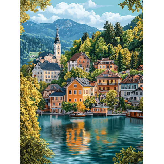 Lake Hallstatt Village Scenic Wall Art Canvas Prints， Suitable for Living Room，Office， Bathroom， and Kitchen Decoration