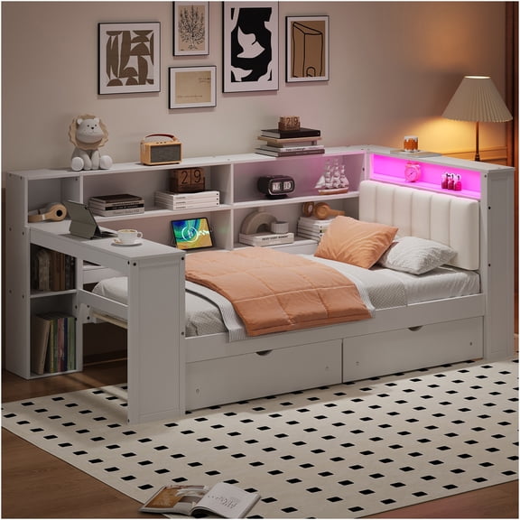 JERFIT Twin Size Storage Platform Bed with LED Headboard, USB Charging, Desk, Drawers for Modern Bedroom, White and Beige