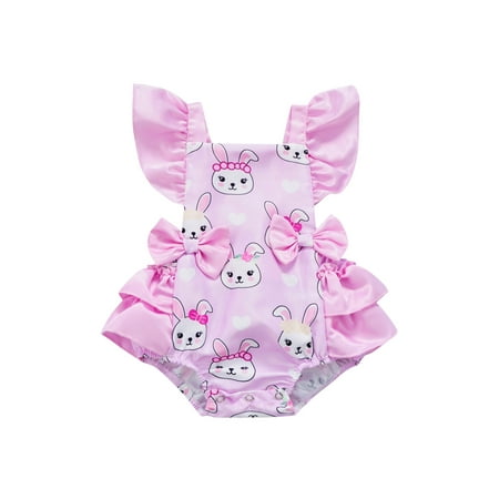

Nokpsedcb Newborn Easter Bodysuit Infants Baby Girls Tie-up Rabbit Print Fly Sleeve Square Collar Ruffle Romper with Bow Pink 0-6 Months