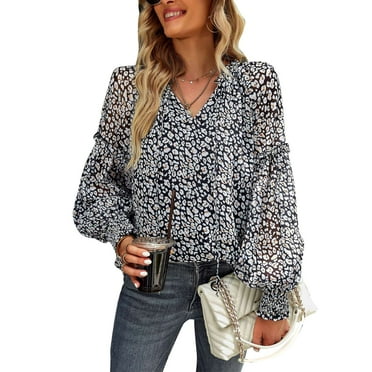 Duulaya Woman Blouse Long Sleeve V Neckline Spliced Lace Floral Printed Lovely Female Shirt for Work Home Black XL