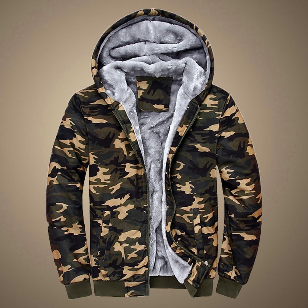 Mens Camouflage Coat Hoodie Winter Warm Fleece Zipper Sweater Jacket Outwear