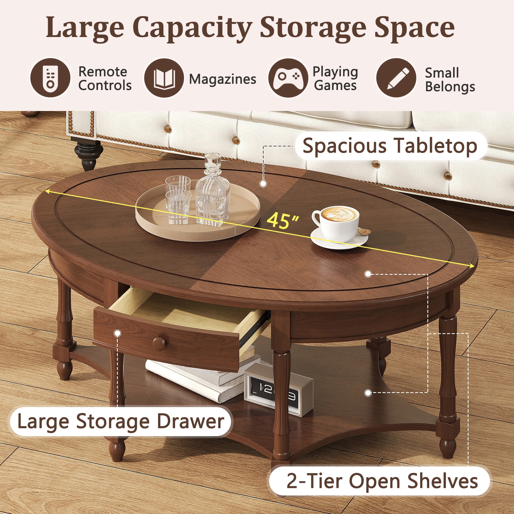 GARITIN Oval Coffee Table 45 Inch, Vintage Cocktail Table with Drawer and Storage Shelf for Living Room, Dark Walnut