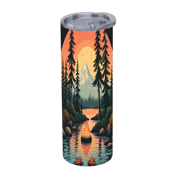 20 oz Stainless Steel Insulated Tumbler - Stylish Forest & Sunset Design Double Wall Travel Mug with Lid & Straw for Home Office & Car