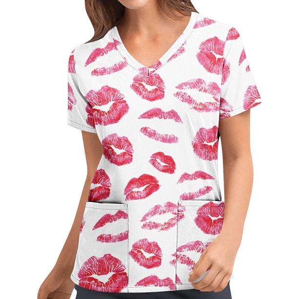 Pntutb Mujeres de manga corta con cuello en V tops Uniforme de trabajo Día de San Valentín con bolsillos Blusa Pntutb Pntutb-241