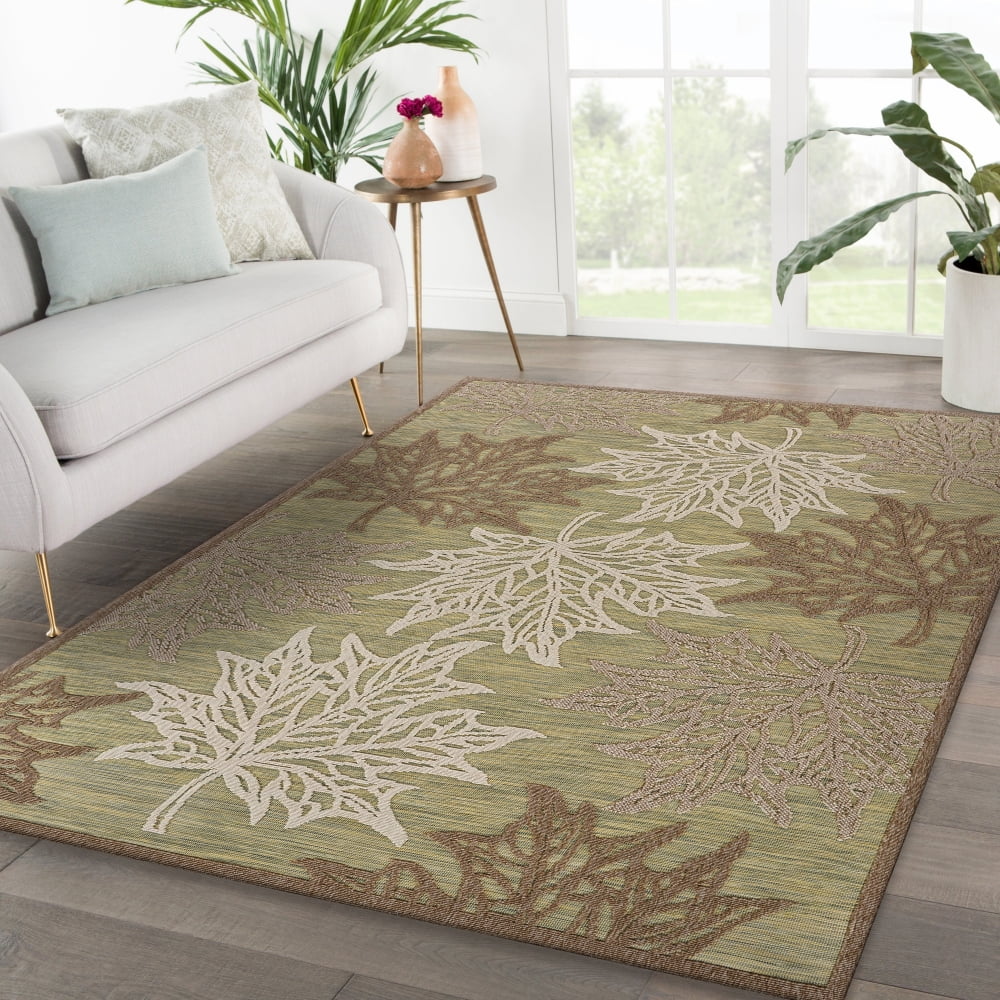 LR Home Maple Leaf Green Botanical 5 ft. x 7 ft. Indoor/Outdoor Rug
