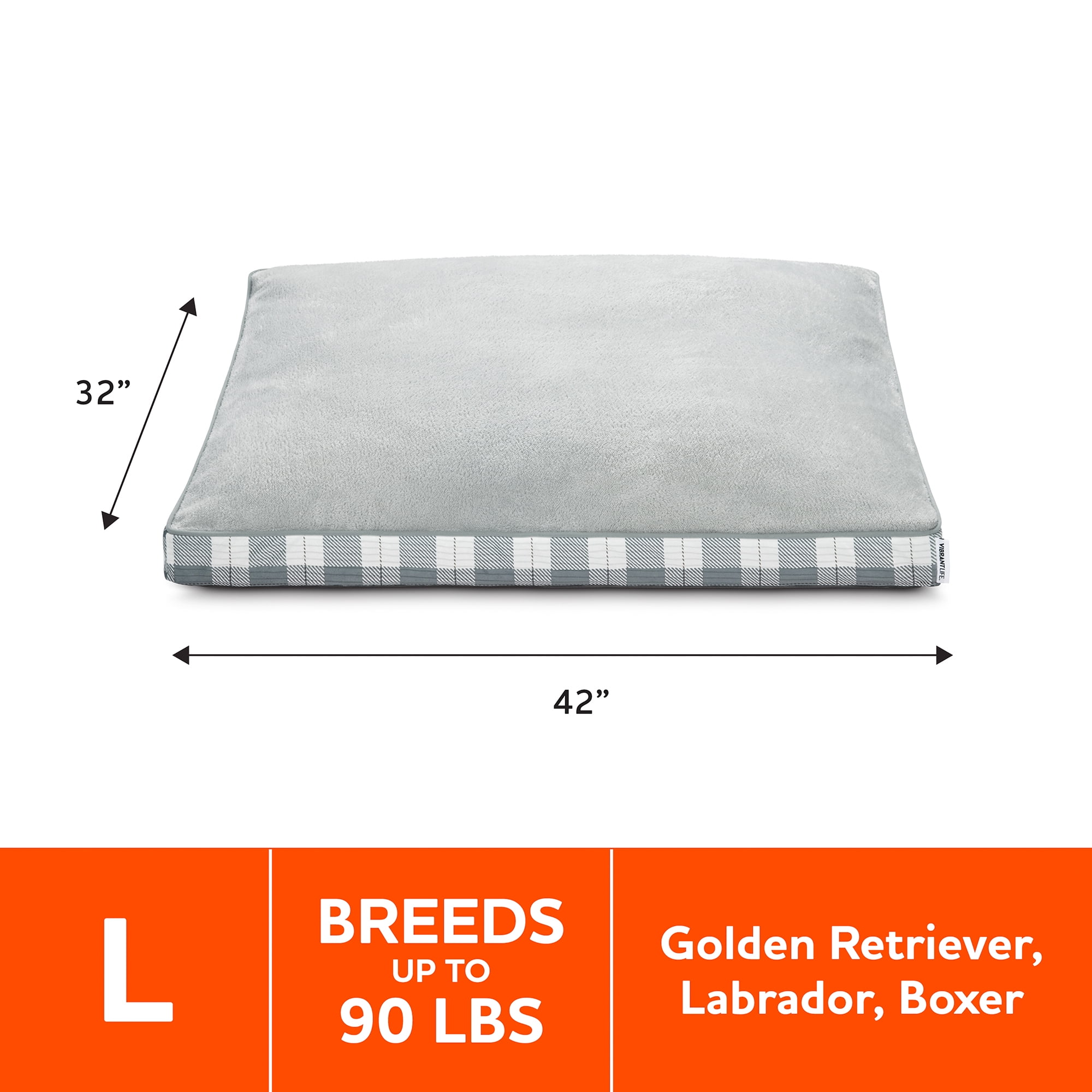Vibrant Life Large Deluxe Gusset Pillow Dog Bed, 42" Grey White Plaid