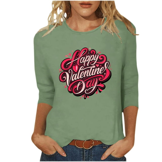 FMFYFH Hauts de la Saint-Valentin à Manches 3/4 pour Femmes, T-Shirts à Col Rond, Tunique Ample Décontractée