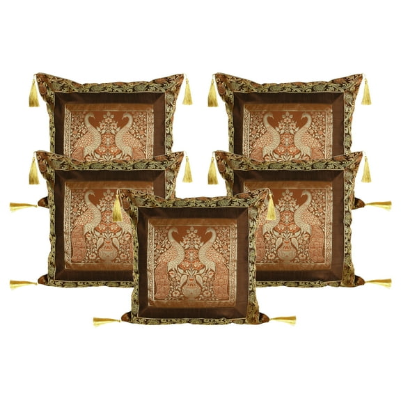 Stylo Culture Ethnic Brocade Living Room Throw Pillow Covers Coffee Brown Gold 18 x 18 Jacquard Weave Tassels Couch Cushion Covers 45x45 cm Polydupion Silk Zippered Peacock Pillowcases | Set Of 5