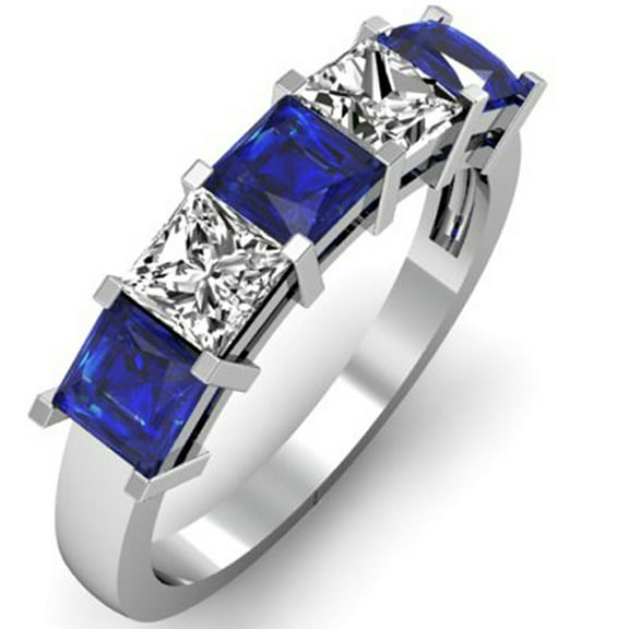 Dazzlingrock Collection 18K Princess Cut Blue Sapphire and White Diamond 5 Stone Bridal Wedding Band Ring, White Gold, Size 9