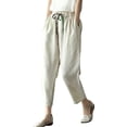 thumbnail image 3 of VBVC Women's Plus Cotton Linen Cropped Pants, Drawstring Casual Trousers For Women, Ladies' Tapered Summer Pants with Pockets, Beige , L-5XL, 3 of 7