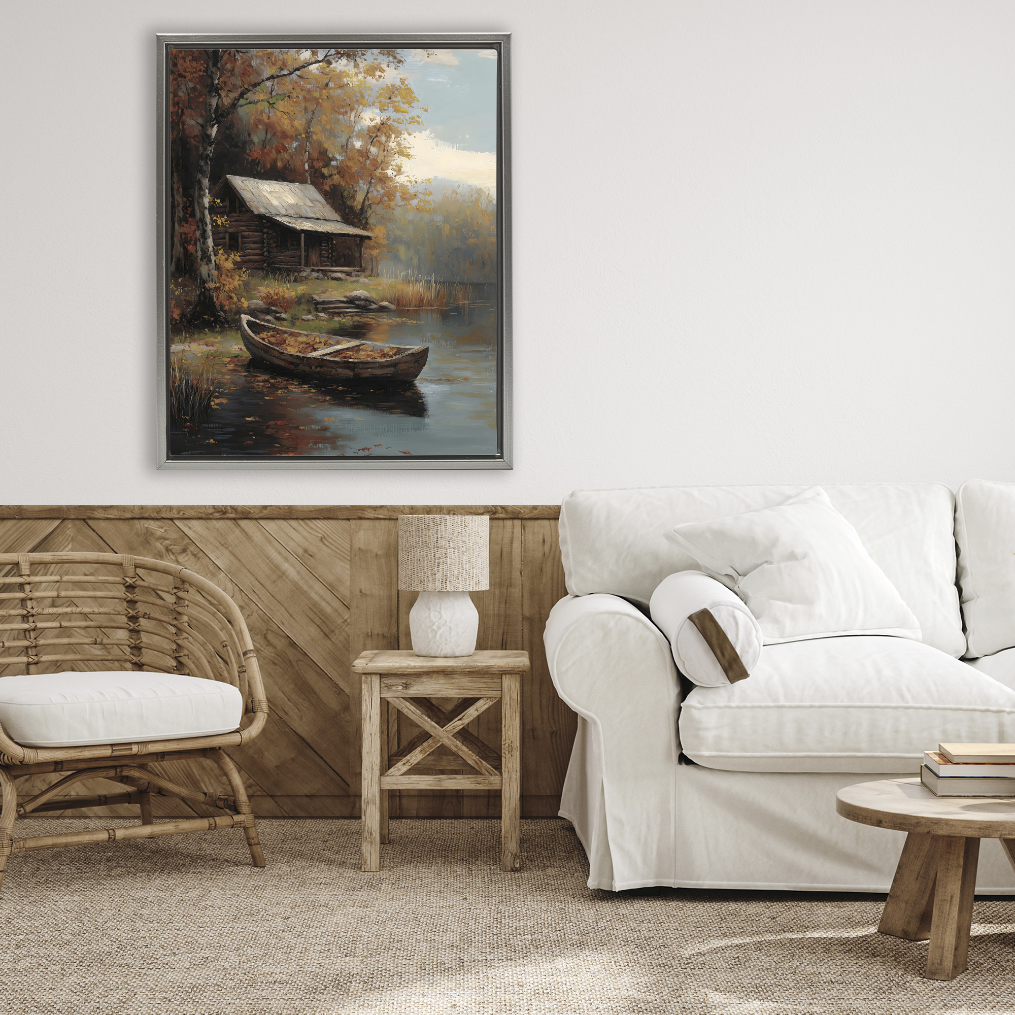 Autumn Cabin Canoe with Leaves Gray Framed Floater Canvas Wall Art, design by Arlington Prints