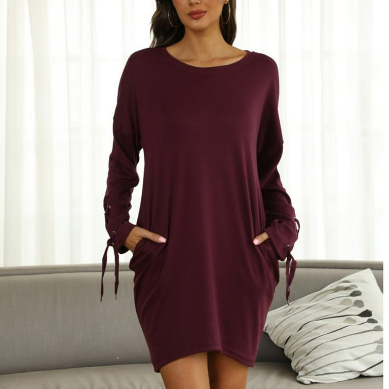 Fall Dresses for Women Round Neck Straps Long Sleeve Dress Solid Color  Casual Loose Ladies Trendy Mini Dress - Walmart.com