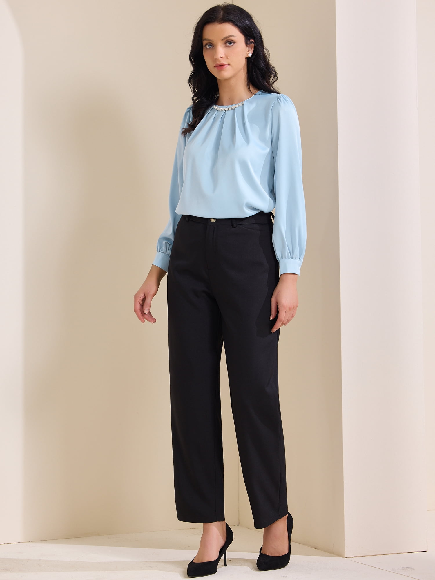 DARING DIVA Women's Elegant Blouse Pearl Decor Ruched Crew Neck Shirt Top XL Blue