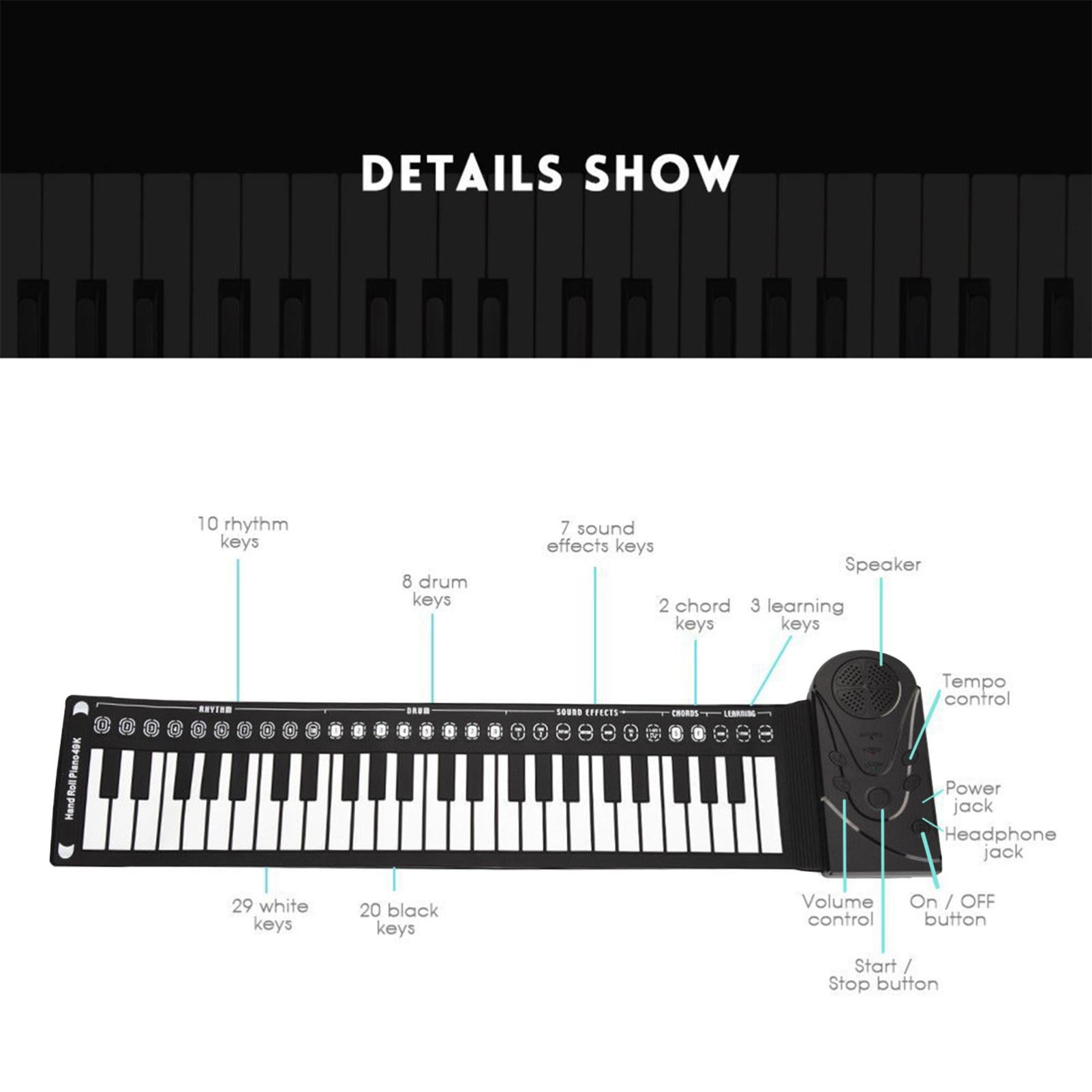 Hand-Rolled Piano with Horns, Portable 49 Keys Organ Piano with Foldable Keyboard, Instruments Education for All Ages, Convenient for Daily Use(White)
