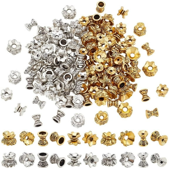 120pcs 10 Styles Tibetan Spacer Beads Tibetan End Beads Flower Craft Beads Silver Golden Double End Beads Cap Alloy Jewelry Loose Beads