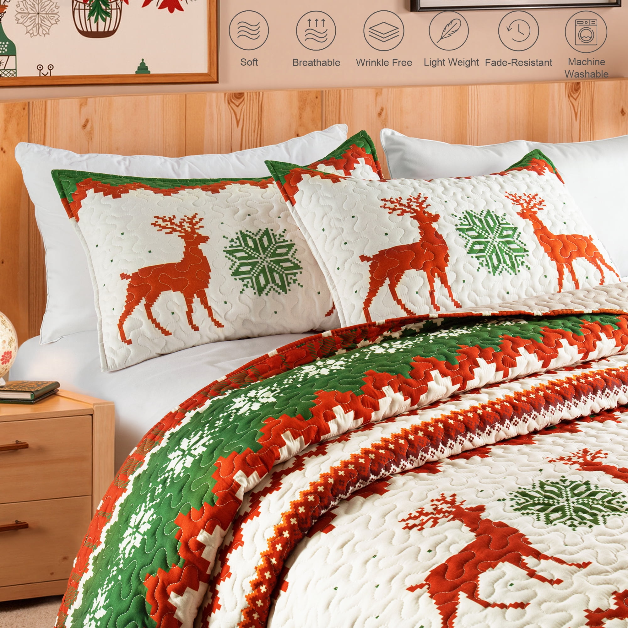 Whale Flotilla Reversible Patchwork Quilts Queen Size, Lightweight Boho Printed Bedspreads Coverlets Full Size Quilt Bedding Set with 2 Pillow Shams for All Seasons, Happy Snowflake