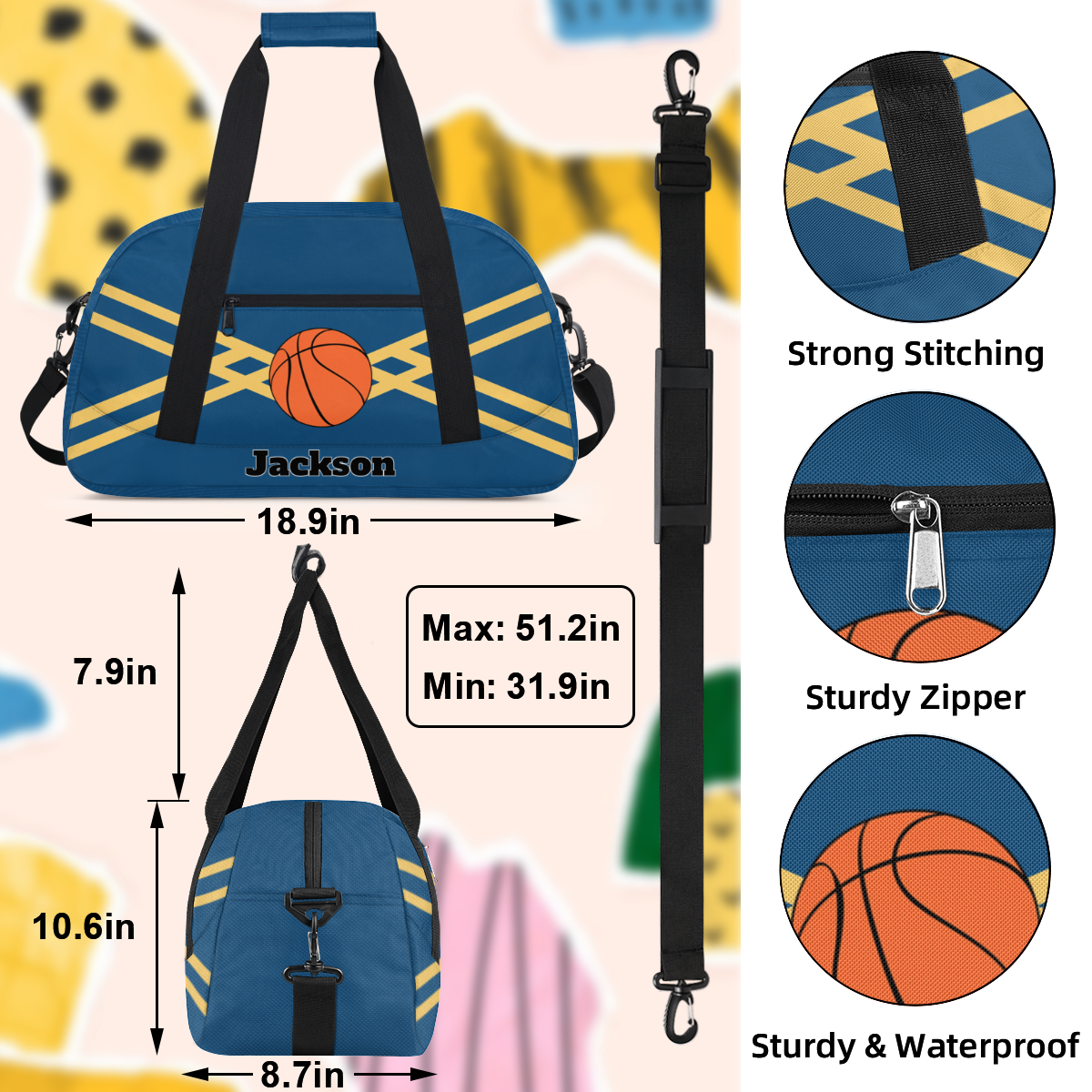 Herdesigns Personalized Basketball Duffel Bag Sport Bag Custom Gym Bag with Name, Dance Bags Weekender Bags Overnight Bags Travel Bag, Blue