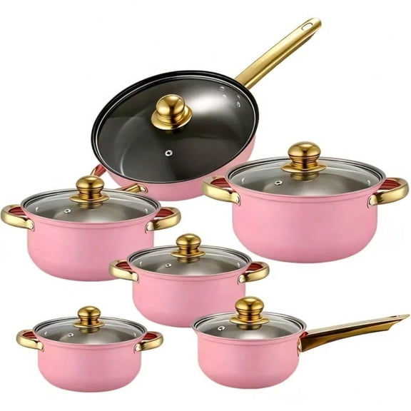 PLKJ 12Pcs Red/Pink Stainless Steel Nonstick Cookware Set, Induction Compatible Pots and Pans Set, Kitchen Cooking Ware, Perfect Housewarming, Wedding & Mother's Day Gift