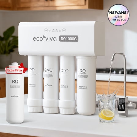 Ecoviva ER1000 Under-Sink RO System with Extra RO Filter, 8-Stage Filtration, 3:1 Pure-to-Drain Filter, LED Smart Faucet, White
