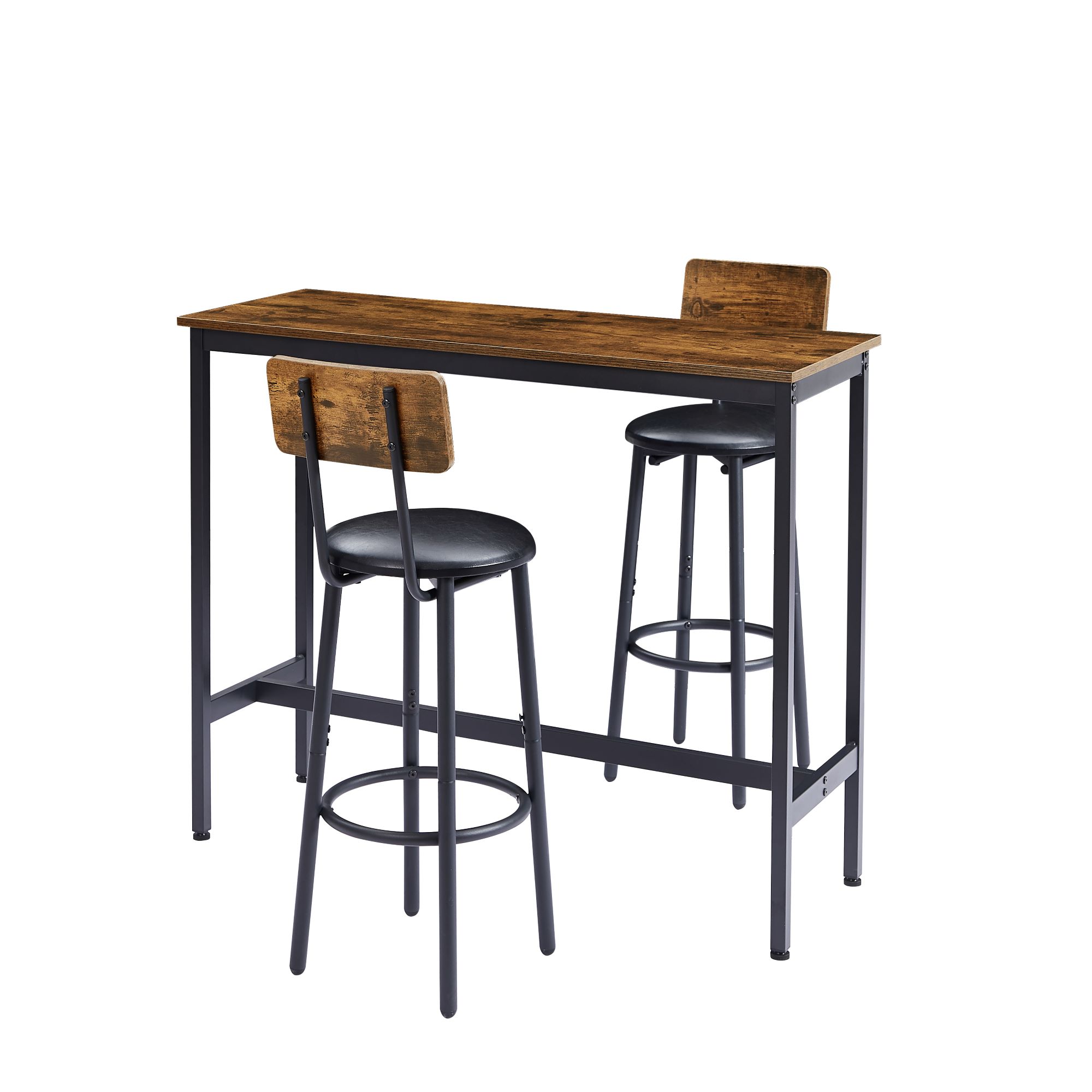 AUKFA 3-Piece Bar Table Set, Pub Dining Table & PU Upholstered Stools with Backrest for Kitchen Small Space, Rustic Brown