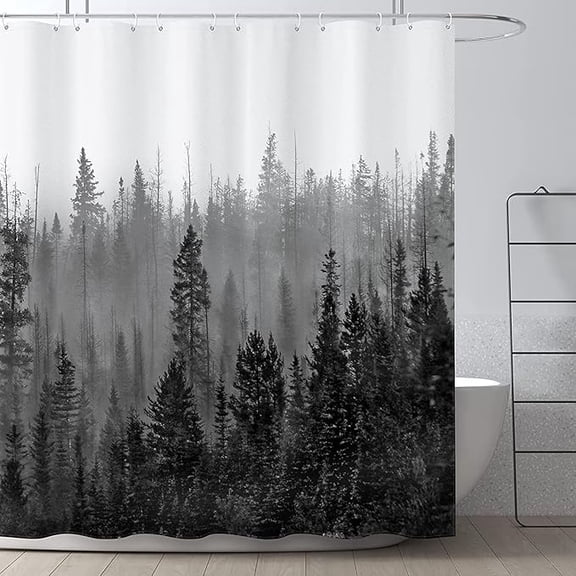 Bathroom Shower Curtain Set Black White Shower Curtain Mountain Forest Nature Tree Plant Fall Shower Curtains Waterproof Fabric Bath Curtains With Hooks 48"W x 72"L