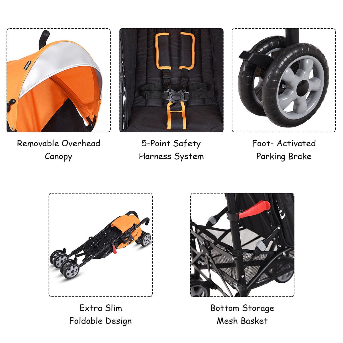 Costway Folding Lightweight Baby Toddler Umbrella Travel Stroller with Storage Basket Orange