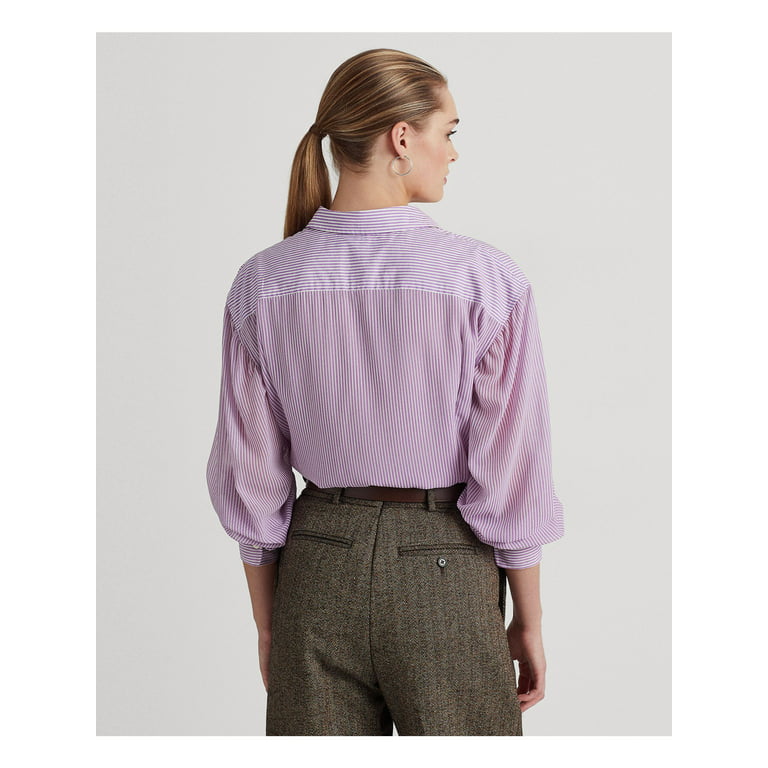 LAUREN RALPH LAUREN Womens Purple Striped Long Sleeve Point Collar Wear To  Work Button Up Top XL 