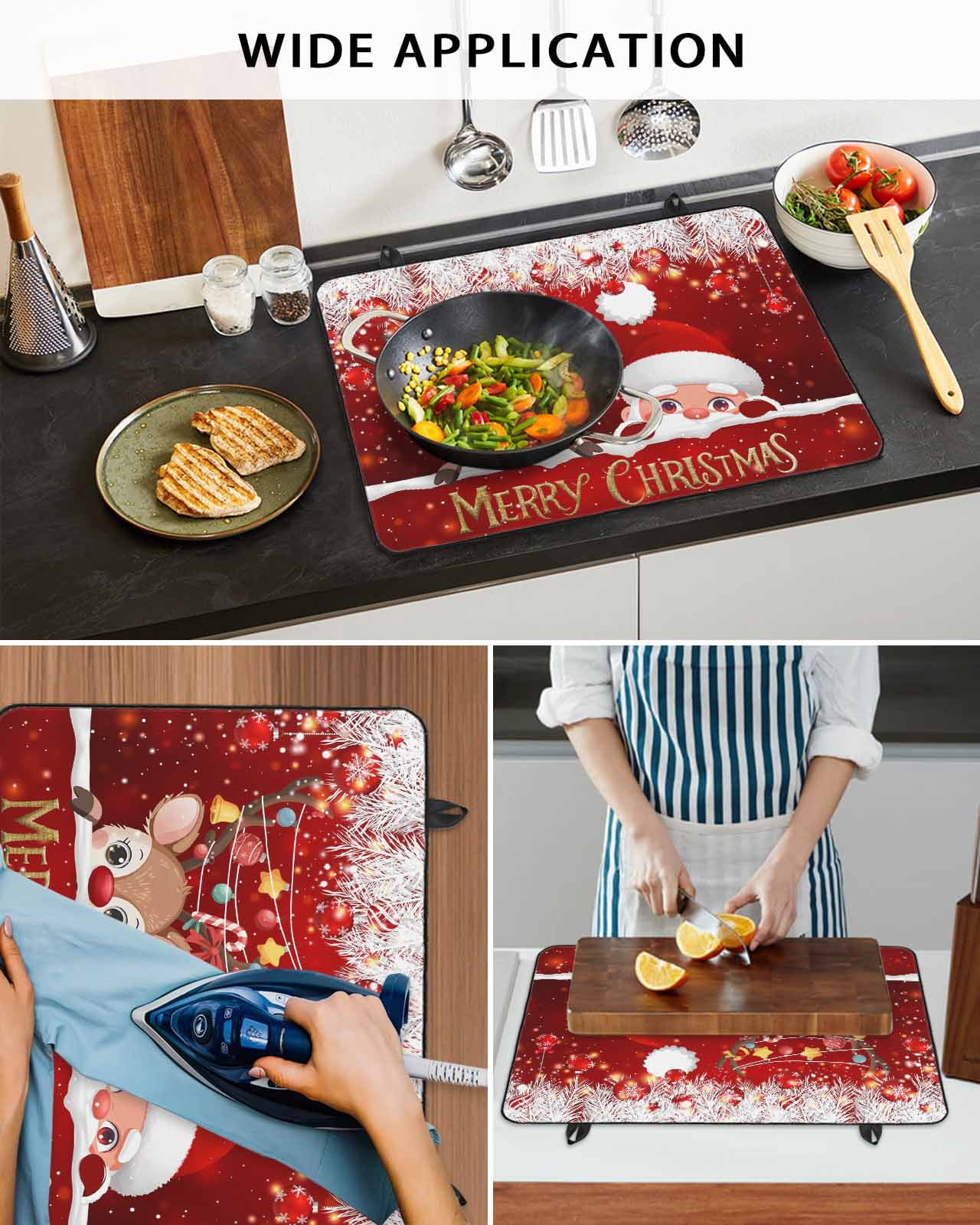 Large Induction Cooktop Protector Mat Red Christmas Stove Top Covers for Electric Stove, Santa Claus Deer Snowflake Pine Branches Ball Decorative Stove Burner Cover Mats, Glass Top Stove Cover