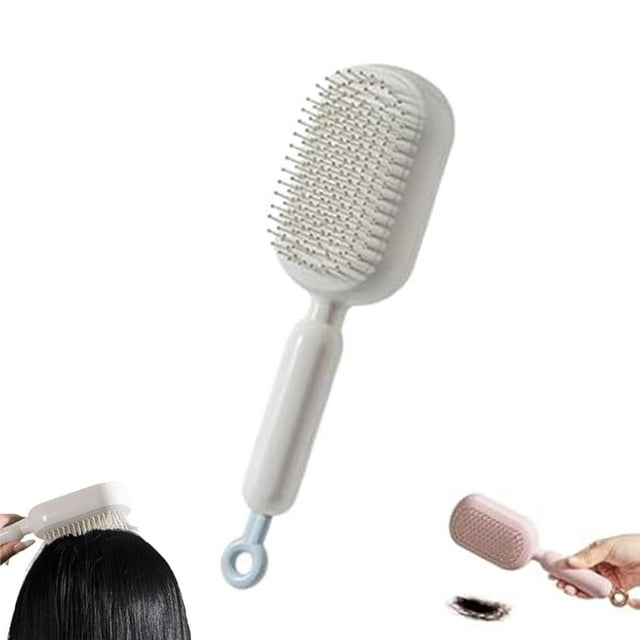 Self Cleaning Hair Brush, Retractable Cushion Massage Comb Brush, Massage Comb With Retractable Bristles,One-pull Clean Anti Static Brushs, Hairs Styling Tools for All Hairs Types (White)