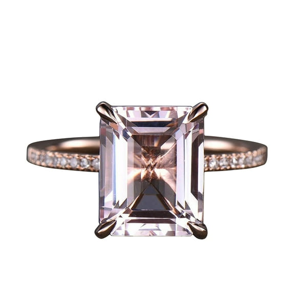 7x9mm Emerald Cut 3.5 Carat Morganite Engagement Ring 10k Rose Gold Accent Diamonds Moissanite
