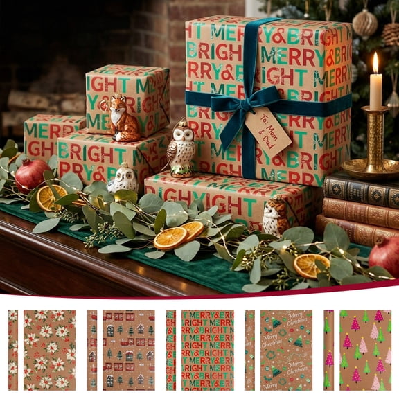 Clearance! Kraft Christmas Wrapping Paper, Merry & Bright Letters, 17" x 118" Roll