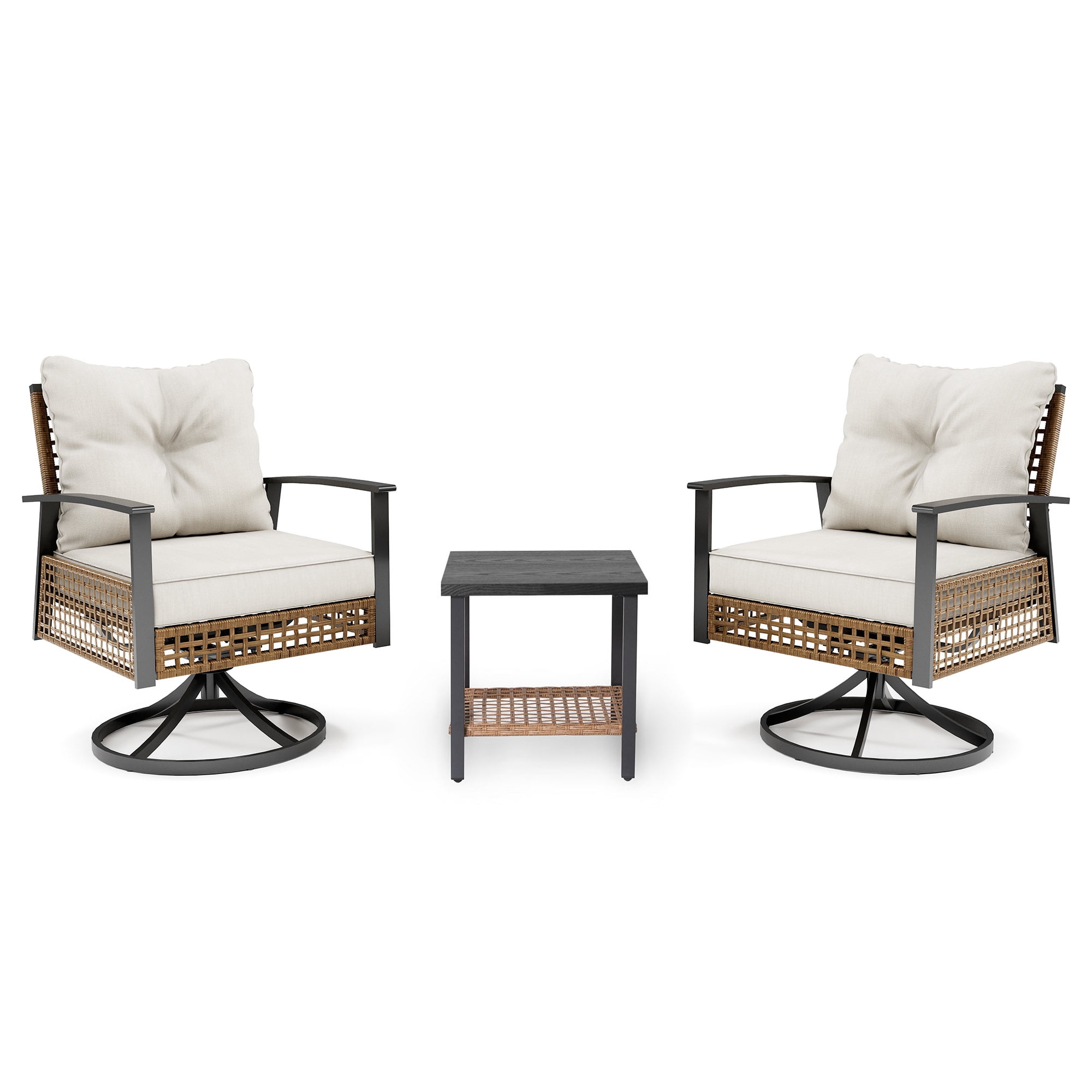 LAUSAINT HOME 3 Pieces Patio Outdoor Furniture Set with 2-Tier Coffee Table, PE Wicker Swivel & Rocking Chairs with Beige Cushions for Garden