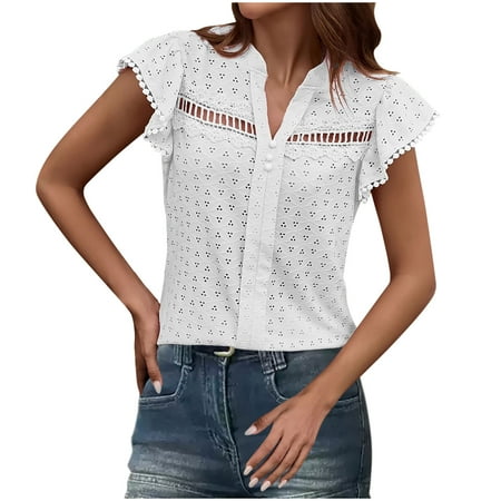 Women s V Neck Lace Crochet Eyelet Tops Cap Sleeve Dressy Blouse Casual Summer T Shirts 2025 Cute Babydoll Tees