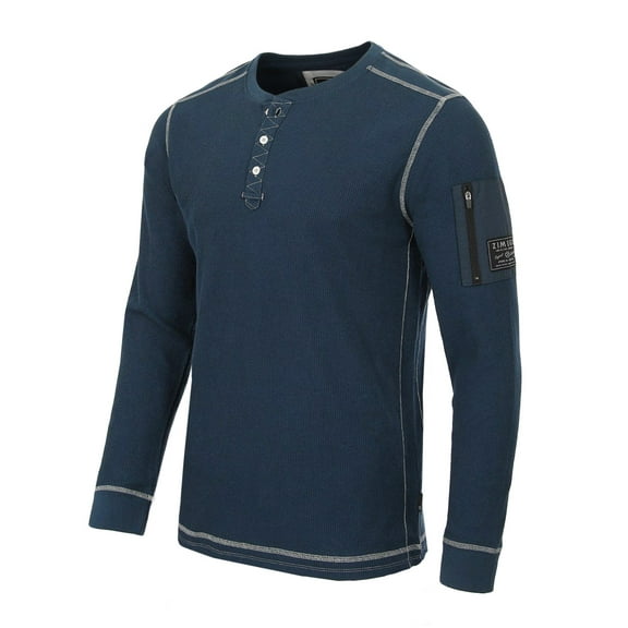 ZIMEGO Mens Long Sleeve Waffle Henley - Thermal Shirt, Pocket, Navy, Large